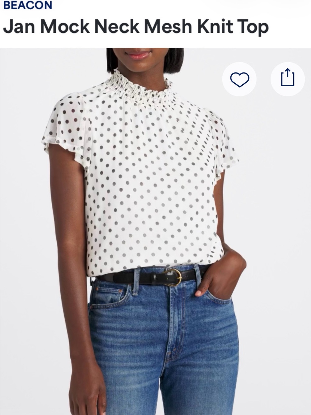 BEACON White Polka Dot Smocked Mock Neck Mesh Top